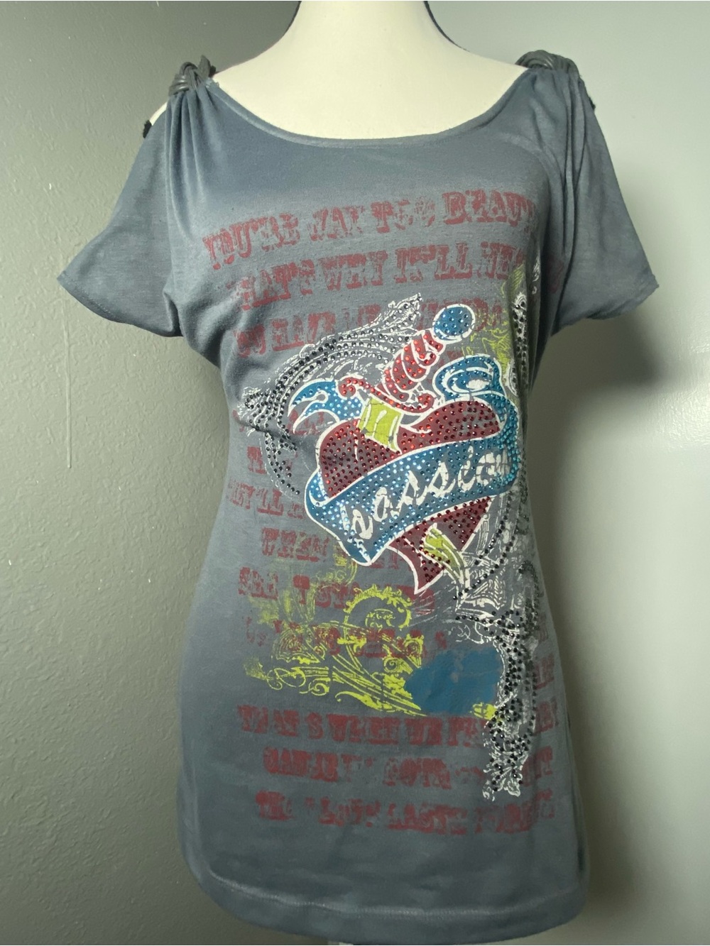 Y2K Grey Passion Rhinestone Graphic Top Size Medium